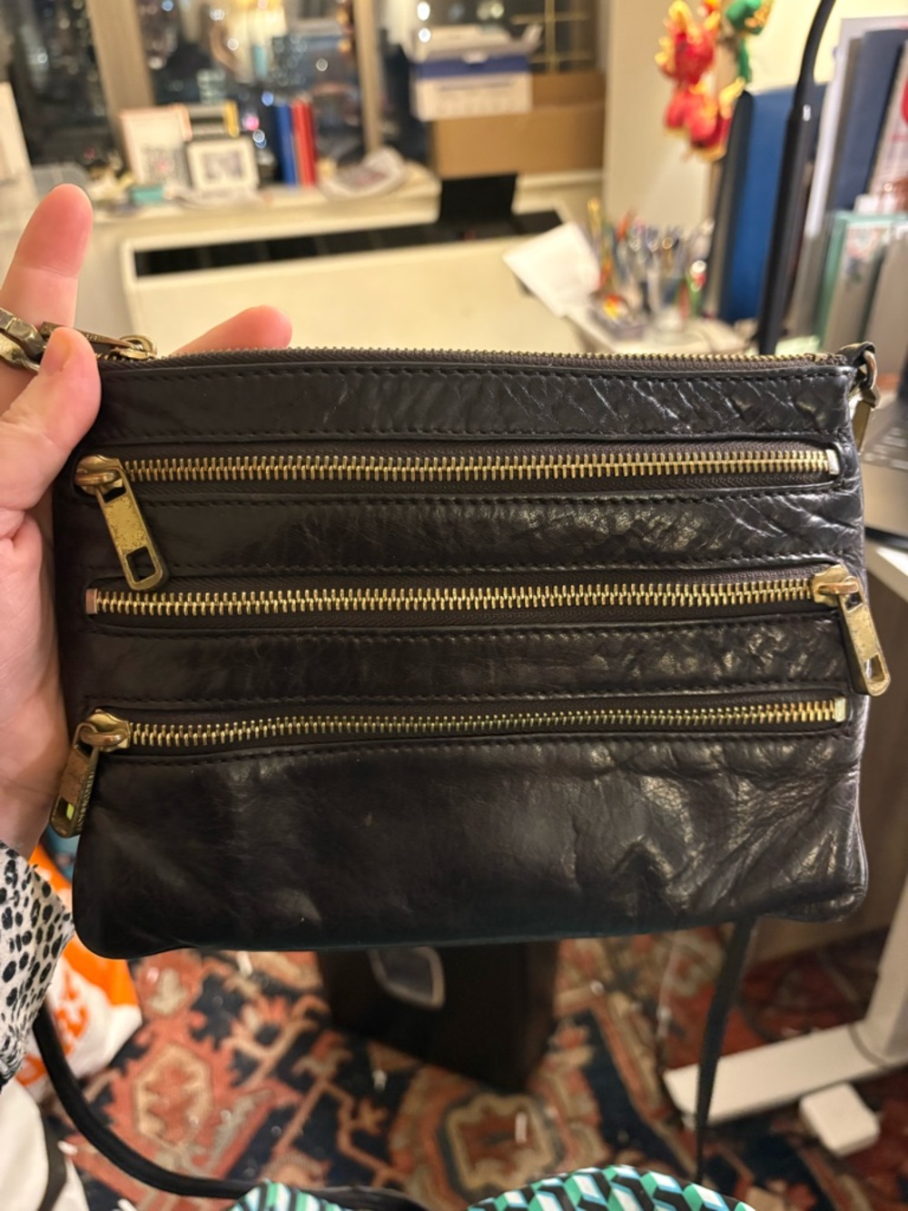 Rebecca Minkoff Dark Brown Leather Crossbody with Gold Zippers